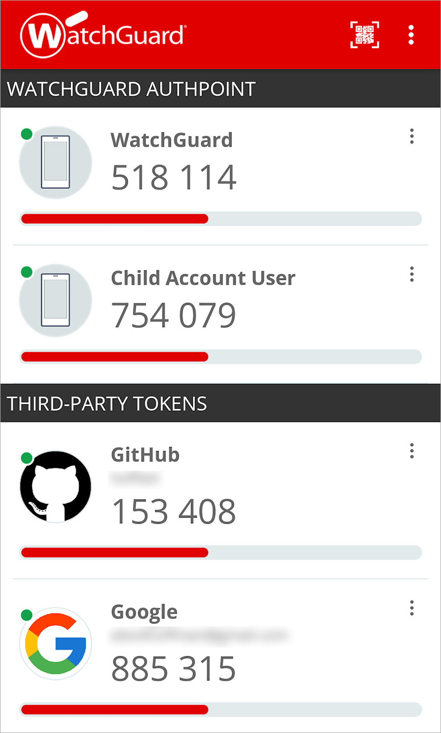 Screen shot that shows third-party tokens in the AuthPoint mobile app.