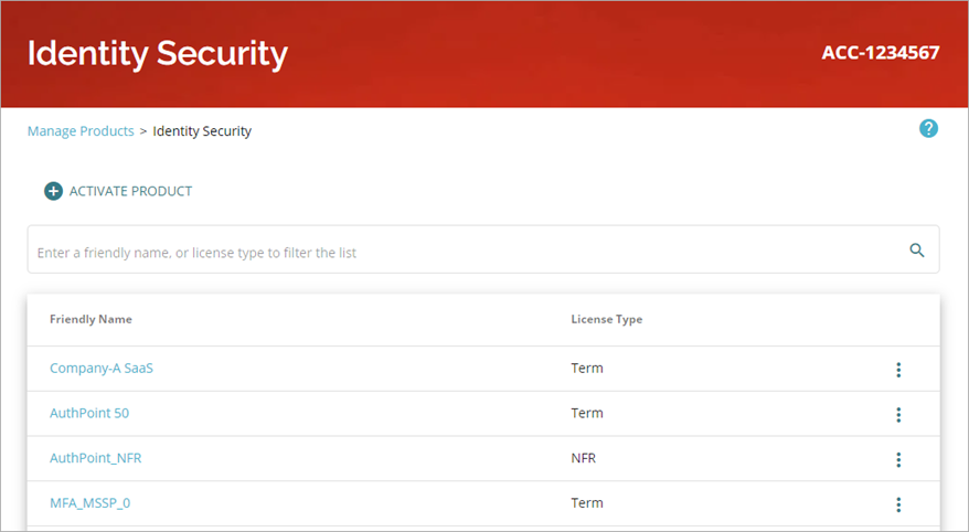 Screen shot of Identity Security, Manage Products page