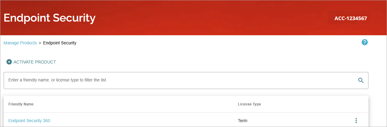Screen shot of Endpoint Security, Manage Products page