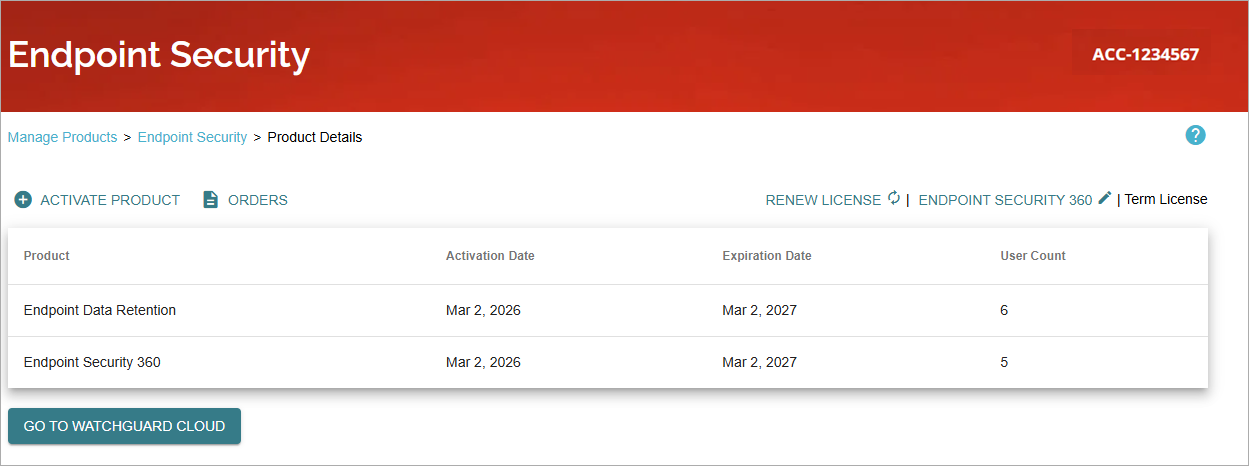 Screen shot of Endpoint Security, Manage Products page