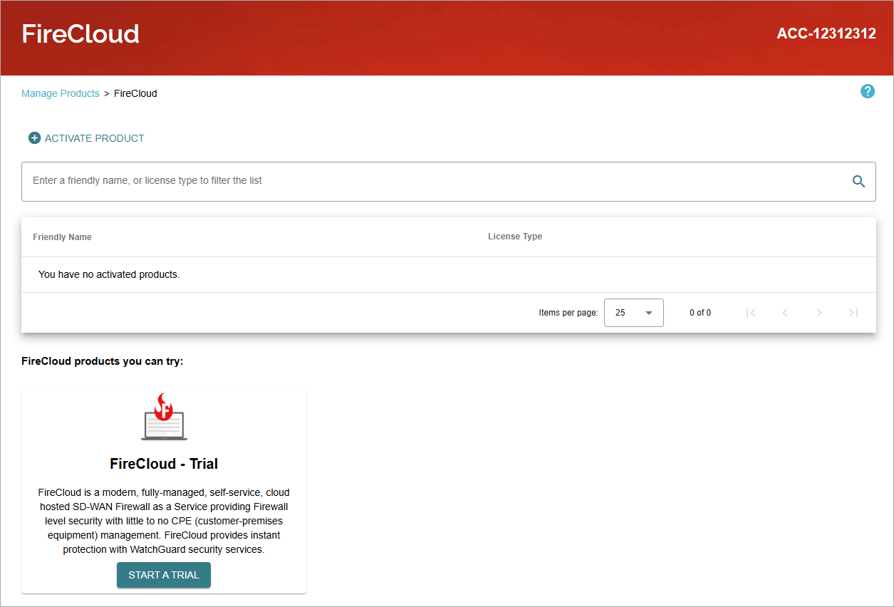 Screen shot of FireCloud, Manage Products page