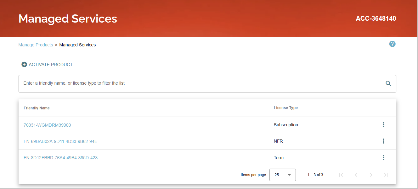 Screen shot of Managed Security, Manage Products page