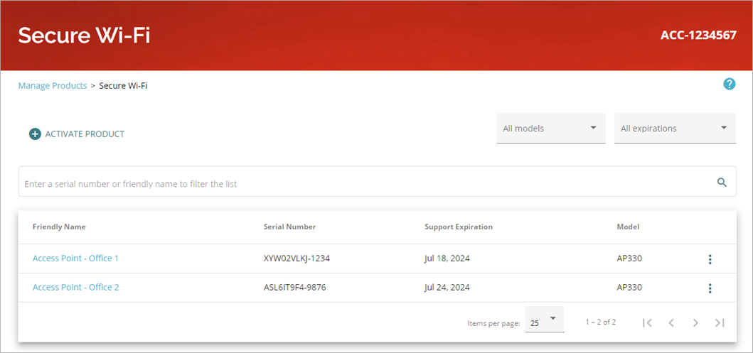 Screen shot of Secure Wi-Fi, Manage Products page