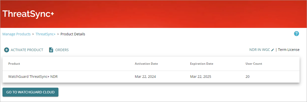 Screen shot of ThreatSync+, Manage Products page