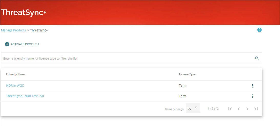 Screen shot of ThreatSync+, Manage Products page