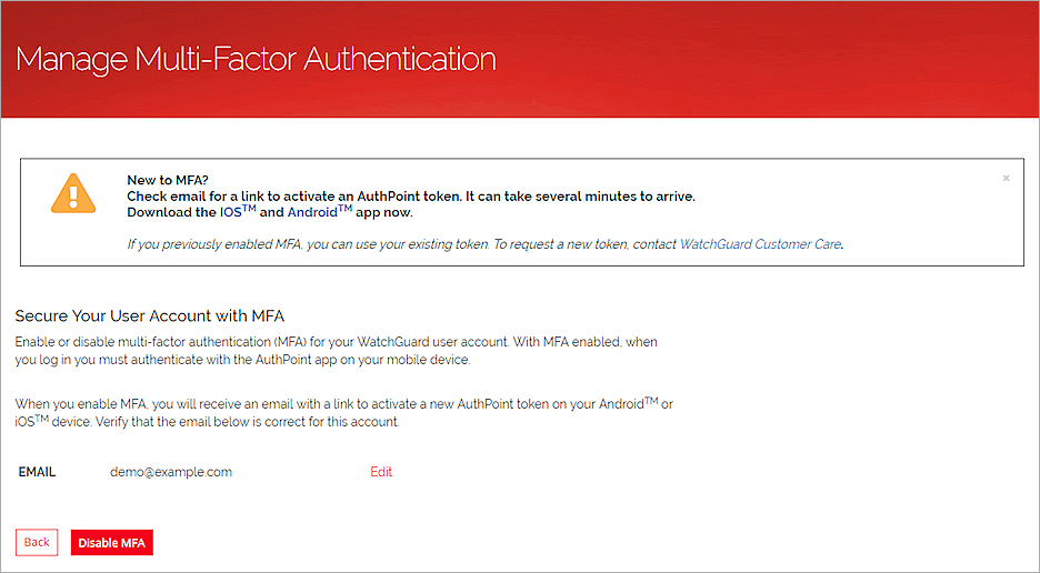 Screen shot of Manage Multi-Factor Authentication page with MFA enabled