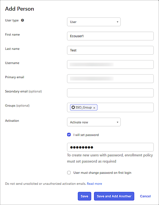 Screenshot of Okta, adding a person