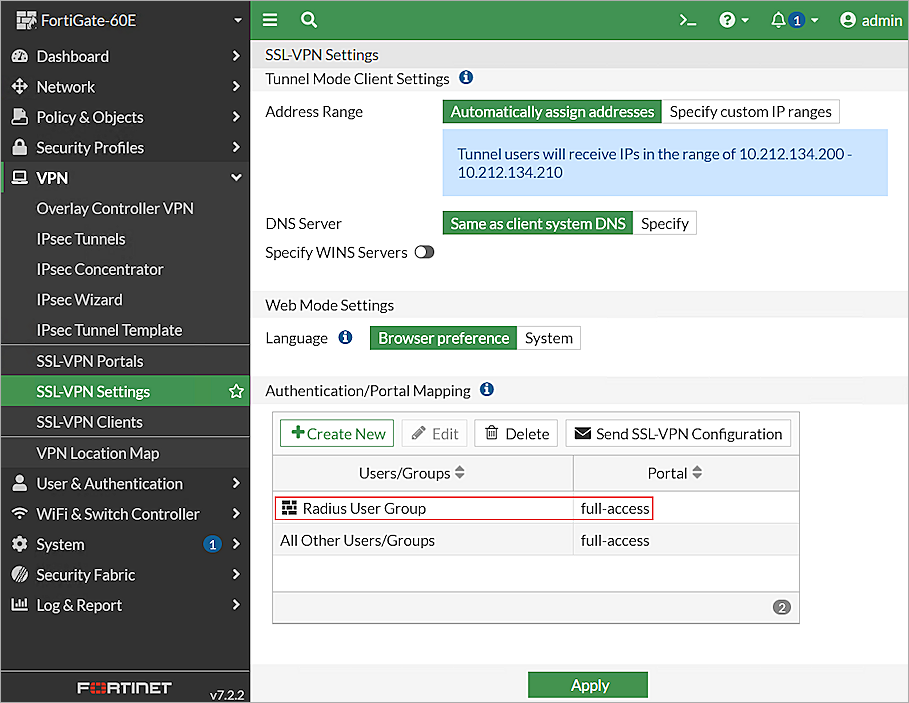 Screen shot of  Fortinet SSL VPN Settings page