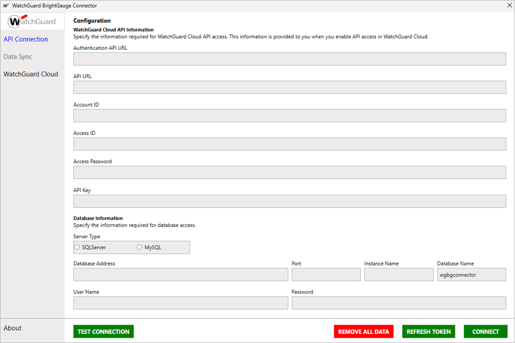 Screenshot of the WatchGuard BrightGauge Connector application 