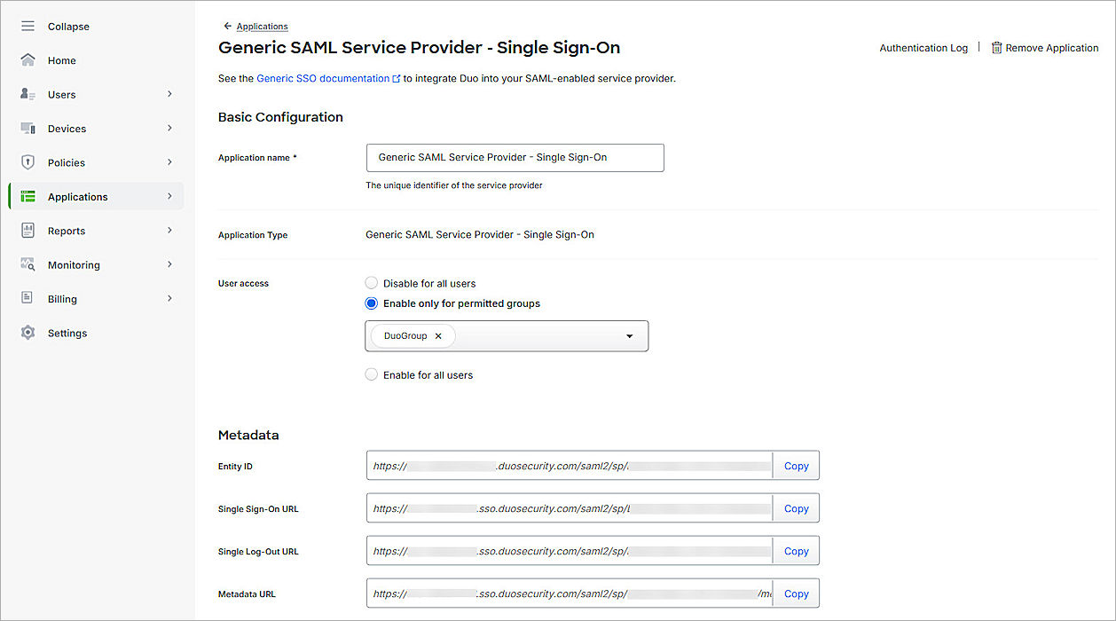Screenshot of Duo, Generic SAML Service Provider page