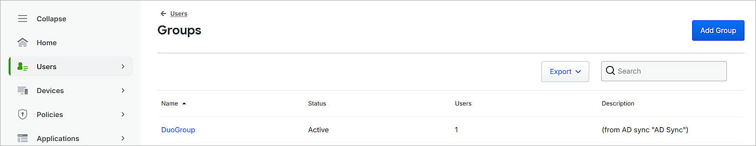 Screenshot of Duo, synced group from AD