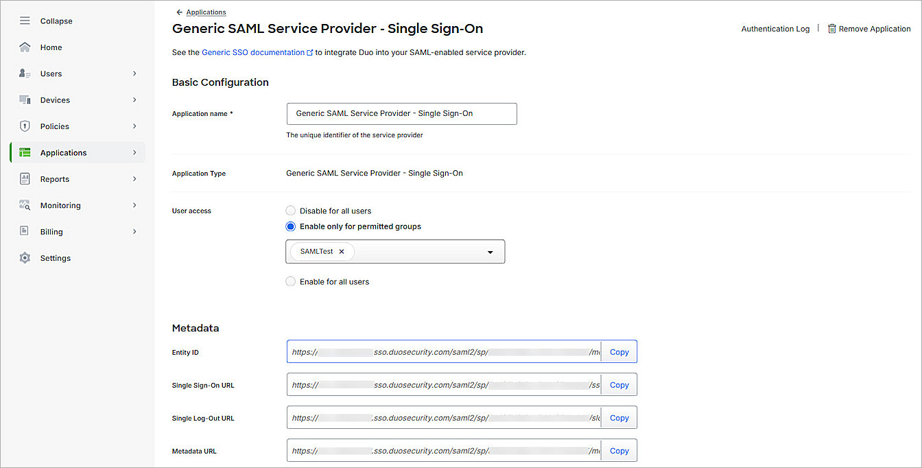 Screenshot of Duo, Generic SAML Service Provider page