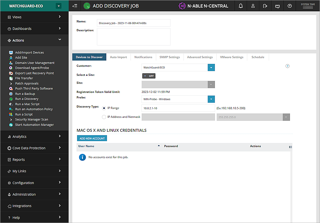 Screenshot of the discovery job page in N-central