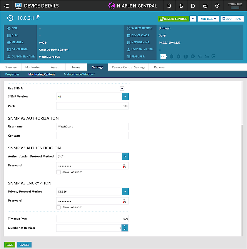 Screenshot of the device settings in N-central