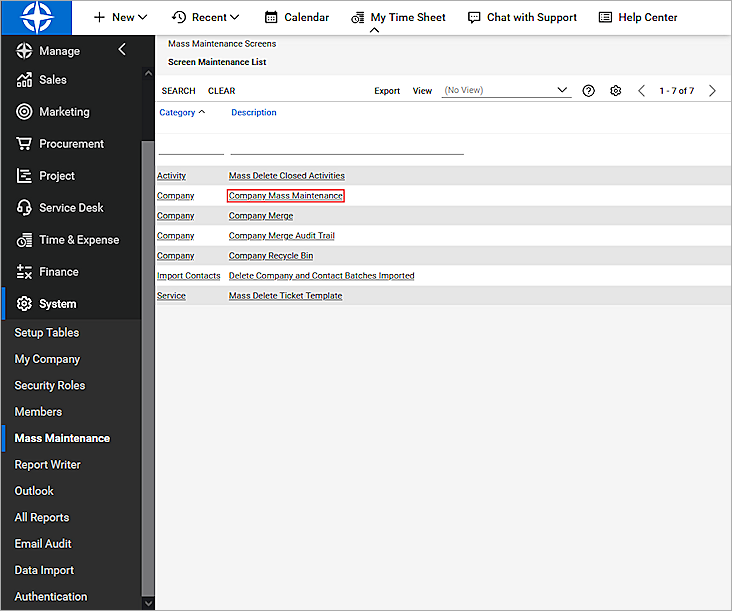 Screen shot of Screen Maintenance List page
