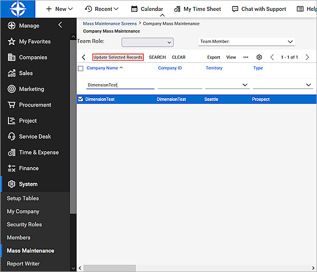 Screen shot of Company Mass Maintenance page
