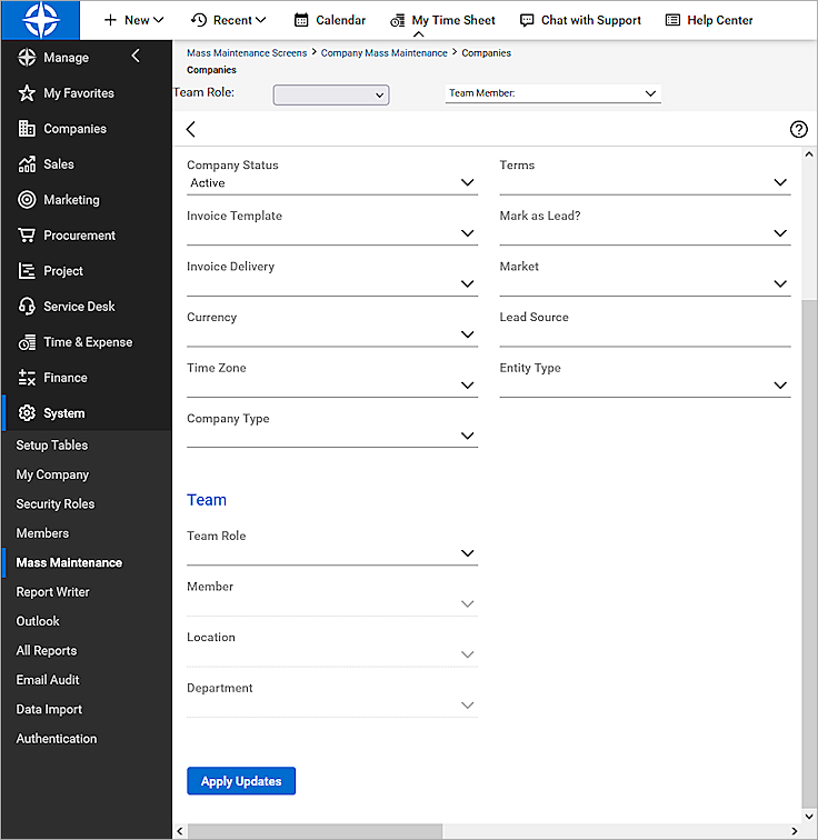 Screen shot of the Companies page