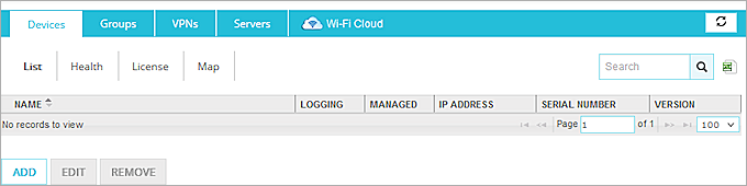 Screen shot of Devices page List tab