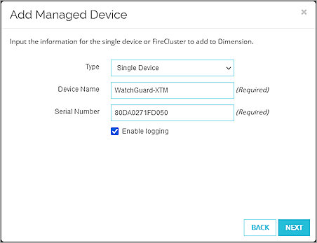 Screen shot of the Input the information for the single device or FireCluster to add to Dimension dialog box
