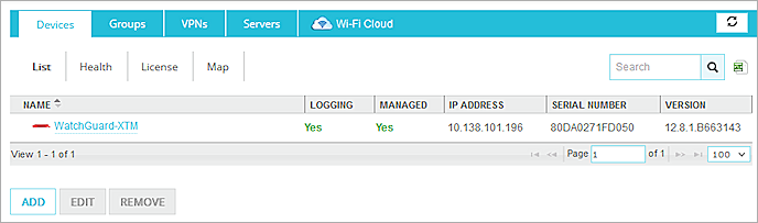 Screen shot of Devices page List tab