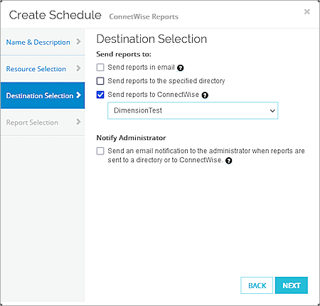 Screen shot of  the Create Schedule Destination Selection dialog box