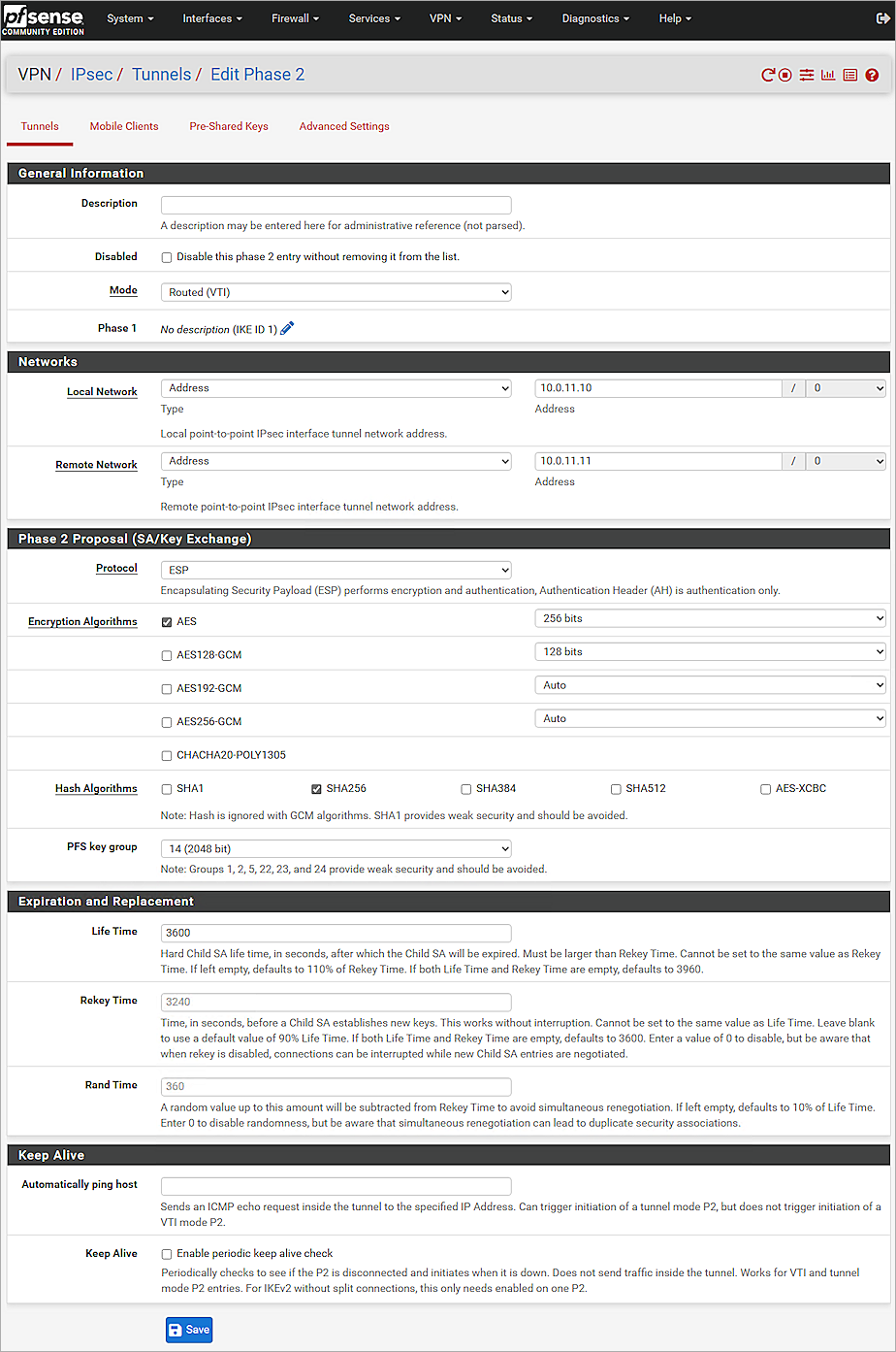 Screenshot of pfSense, picture IPsec Phase 2 One
