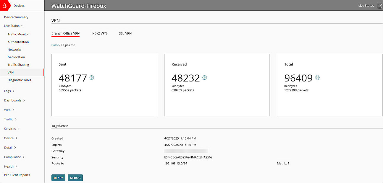 Screenshot of Firebox, test VPN live status