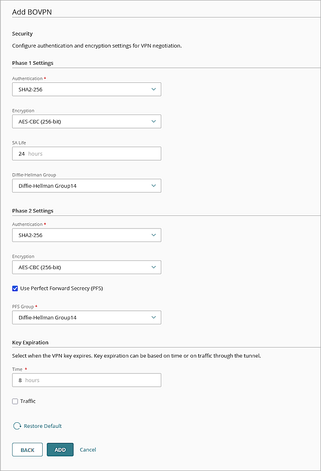 Screenshot of WGC, WGC phase 1 and phase 2 settings