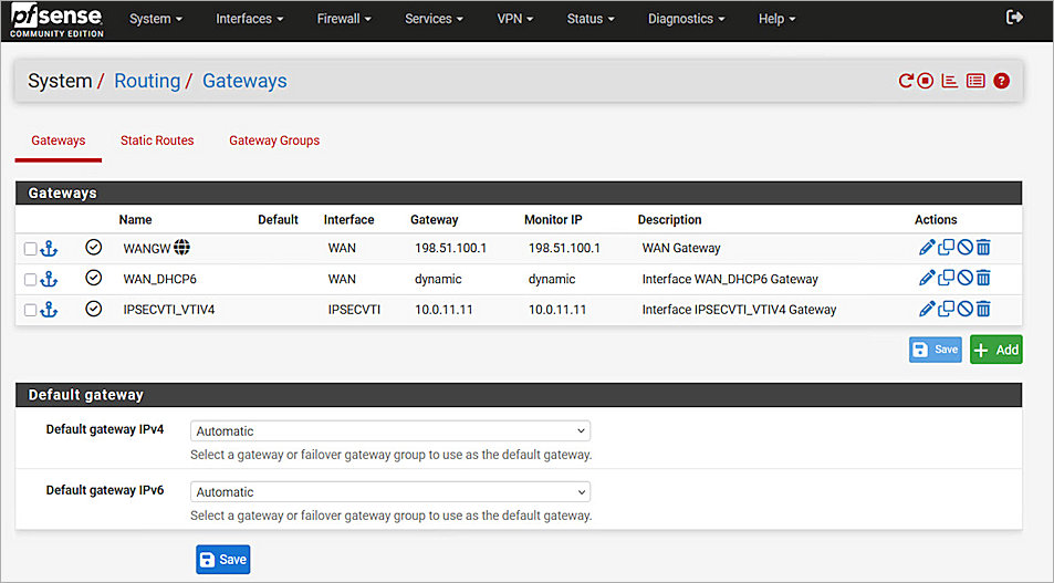 Screenshot of pfSense, routing gateway