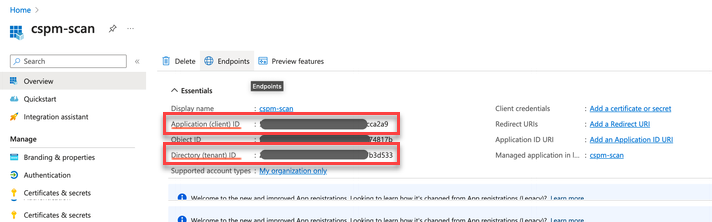 Screenshot of the Azure app registration page