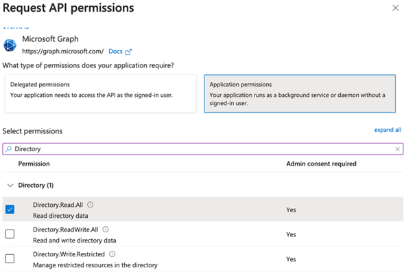 Screenshot of the Azure request API permissions page