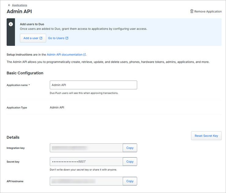 Screenshot of the Duo Admin API page