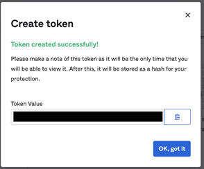 Screenshot of the token value dialog box
