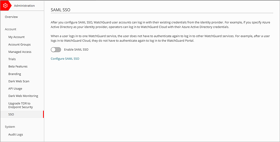 Screenshot of WGID, administration sso feature