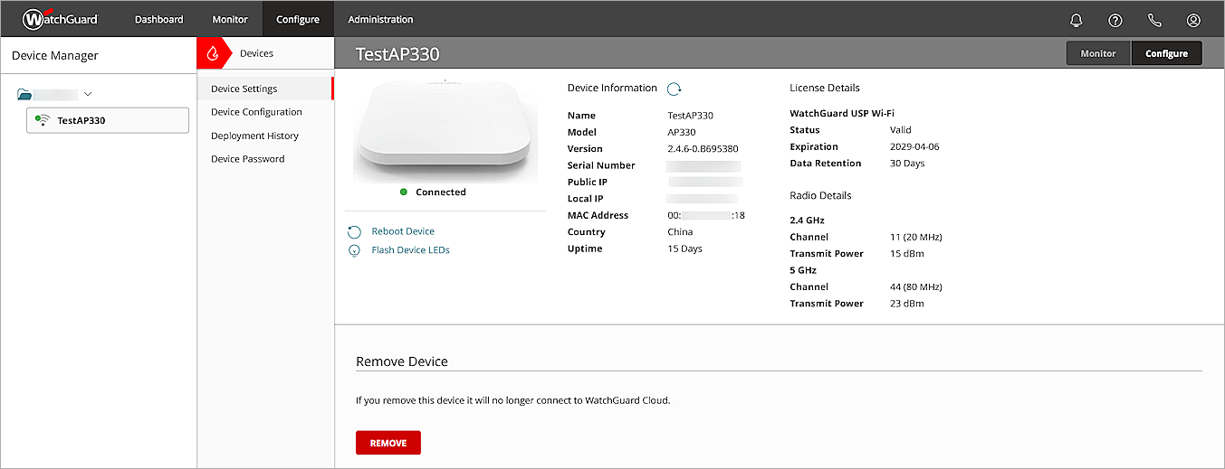 Screenshot of the access point device details in WatchGuard Cloud