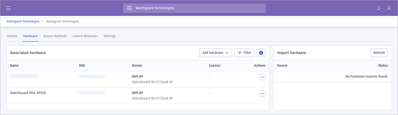 Screenshot of the Hardware details page in Purple Wi-Fi