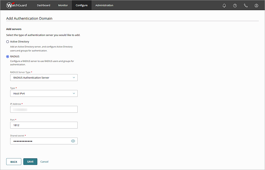 Screenshot of the Add Authentication Domain page in WatchGuard Cloud
