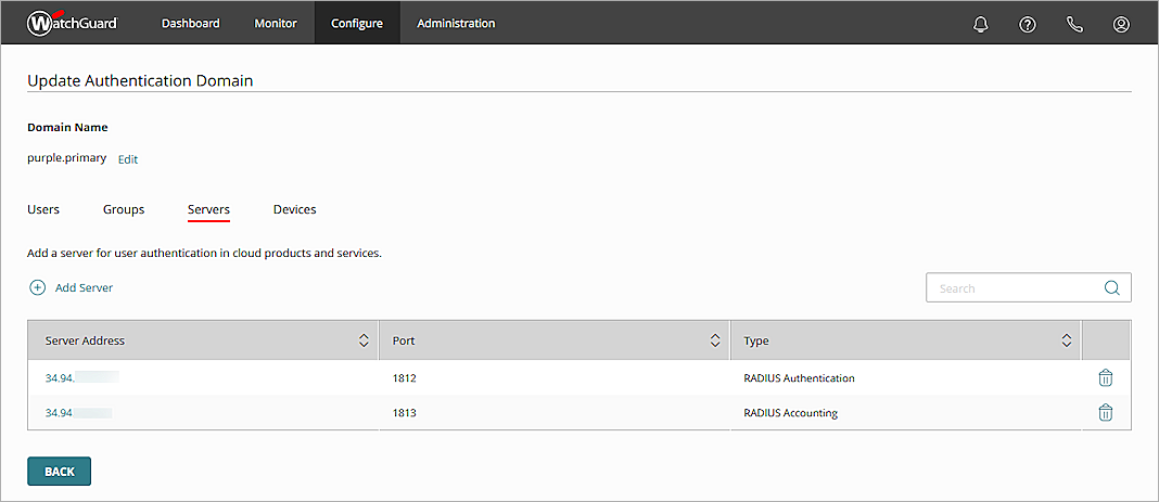 Screenshot of the Authentication Server update page in WatchGuard Cloud