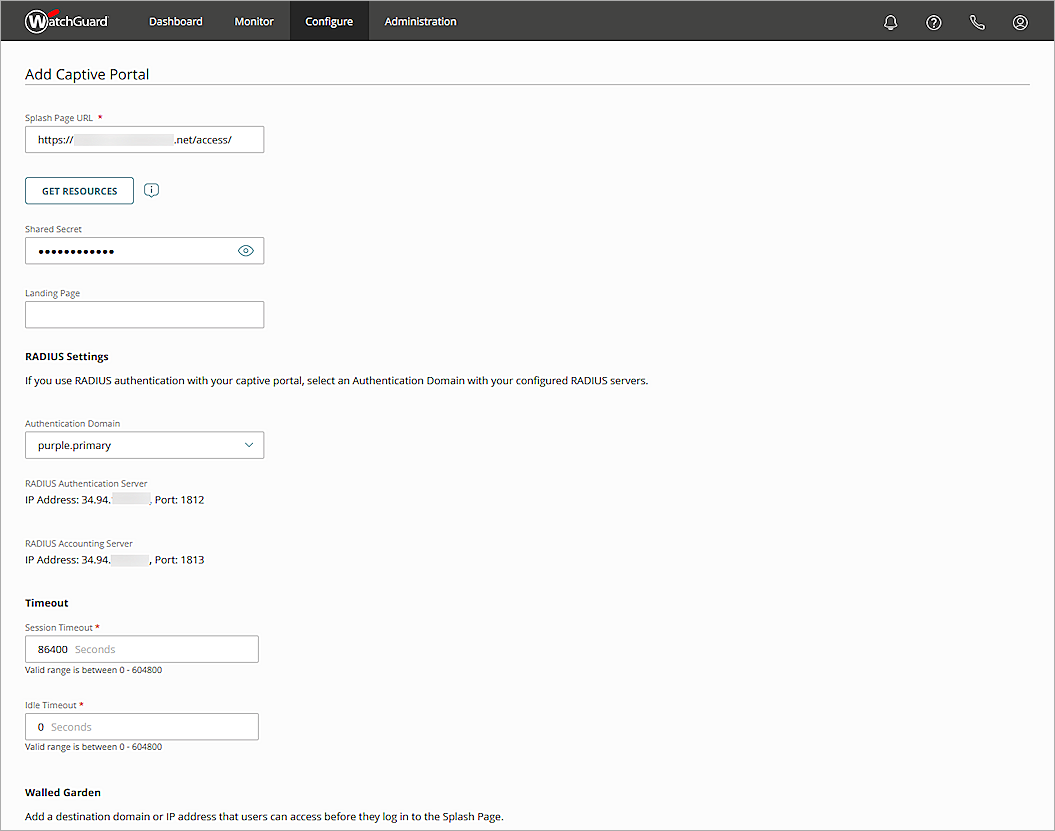 Screenshot of Captive Portal configuration in WatchGuard Cloud