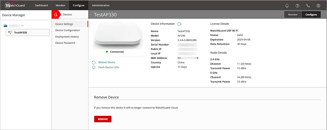 Screenshot of the access point Device Settings page