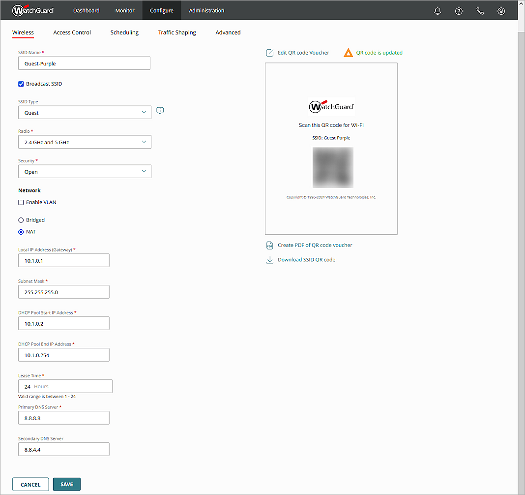 Screenshot of the Add SSID configuration page in WatchGuard Cloud