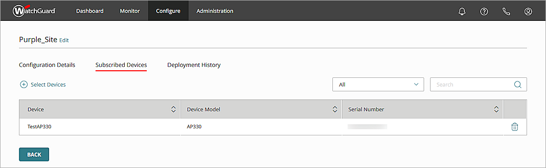 Screenshot of the subscribed devices in an Access Point Site