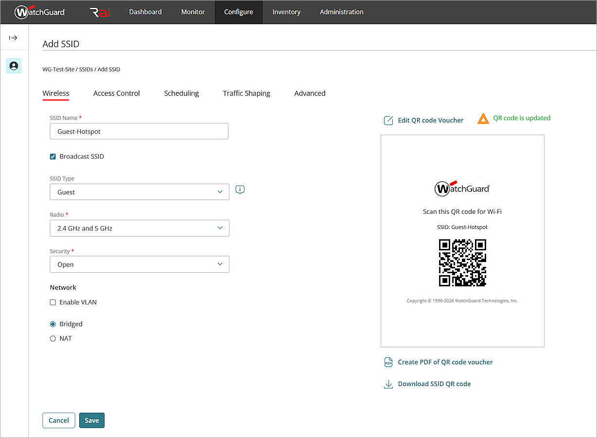 Screenshot of the Add SSID page in WatchGuard Cloud