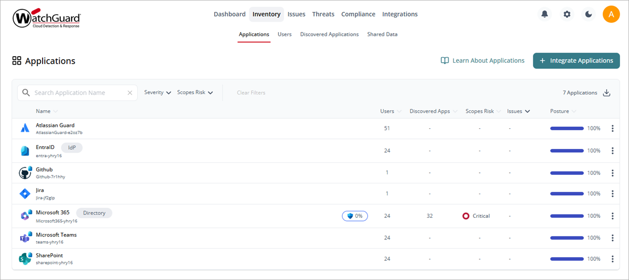 Screenshot of the Inventory > Applications page