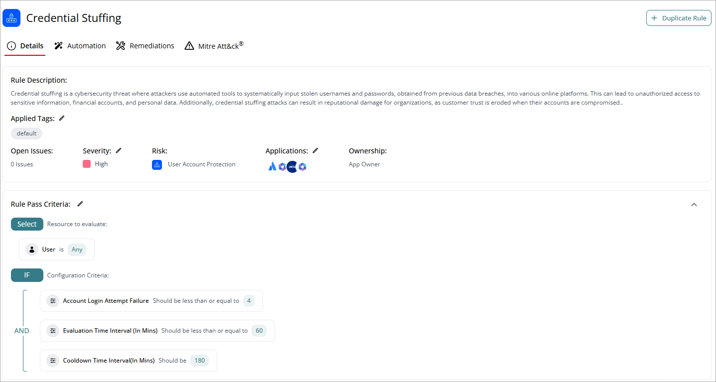 Screenshot of threat rule template details, CloudDR