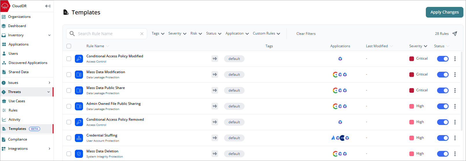 Screenshot of Threat > Templates page in CloudDR
