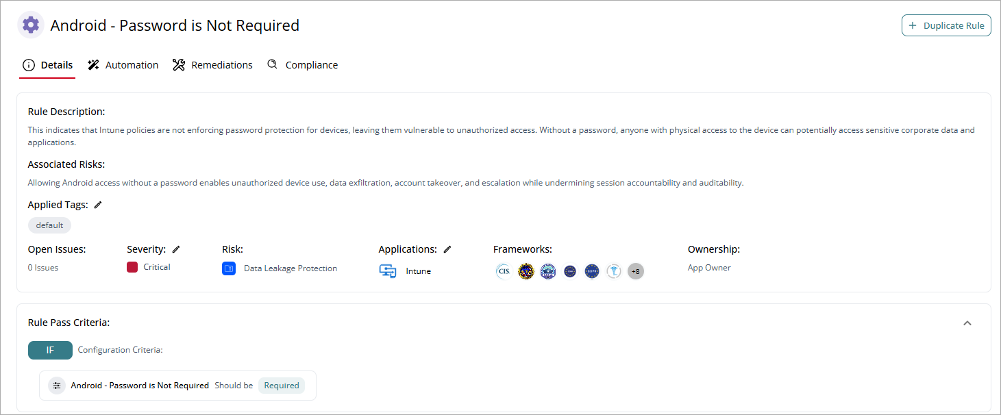Screenshot of template details page for issue rules, CloudDR
