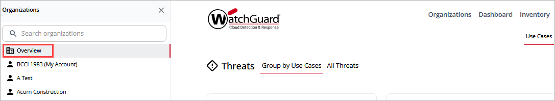 Screen shot of Overview organization in WatchGuard CloudDR for Threats page