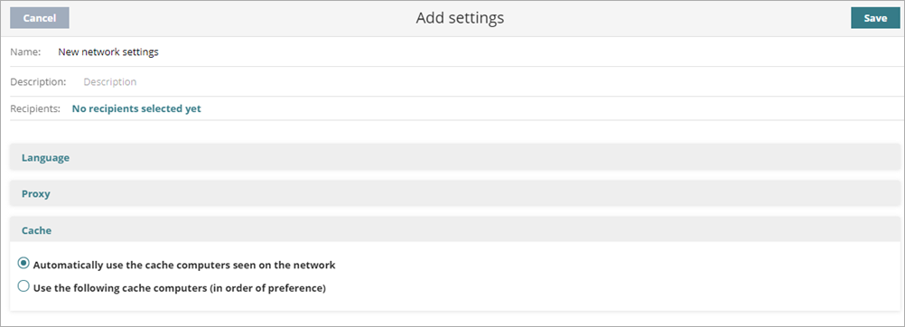 Screen shot of Network Settings, Add Cache Settings.