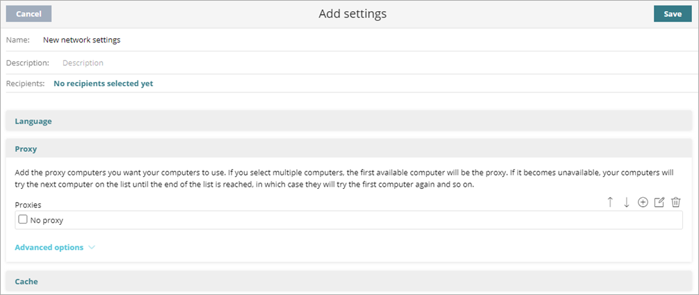 Screen shot of Add Settings Proxies page for Network Settings profile.